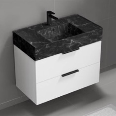 Floating Bathroom Vanity, Modern, 32 inch, Black Marble Style Sink